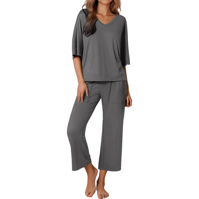エコアー レディース アンダー御召しもの ナイト爵御召しもの ズボン下 Ekouaer Women ’ s 2 Piece Pajama Set Outfits with Pocketshort Sleeve Top Wide-Leg Lounge Pants Gray 薄墨色