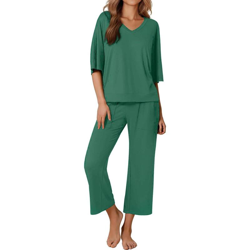エコアー レディース アンダー御召しもの ナイト爵御召しもの ズボン下 Ekouaer Women ’ s 2 Piece Pajama Set Outfits with Pocketshort Sleeve Top Wide-Leg Lounge Pants Ivy Green 緑であること