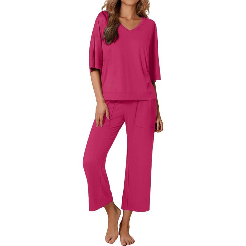 エコアー レディース アンダー御召しもの ナイト爵御召しもの ズボン下 Ekouaer Women ’ s 2 Piece Pajama Set Outfits with Pocketshort Sleeve Top Wide-Leg Lounge Pants Rose