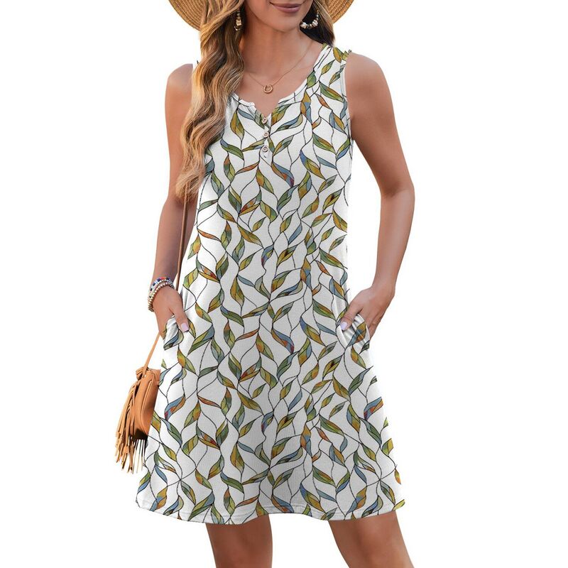 ジーグー レディース トップス 衣装 Vのど首 A 生産ライン プルオーバー ノースリーブ Zeagoo Women\u0027summer Dressleeveless V-Neck A Line Casual T Shirt Beach Boho Tank Dress White Geometric Leaf 白いこと