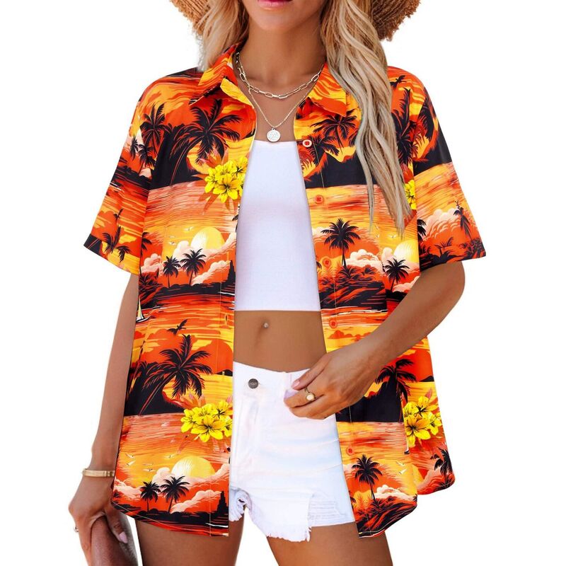 ジーグー レディース トップス プルオーバー トップ Zeagoo Women\u0027s Tropical Hawaiian Shirts Button Up Blouses Casual Summer Beach Tops Orange Hawaiian オレンジ色