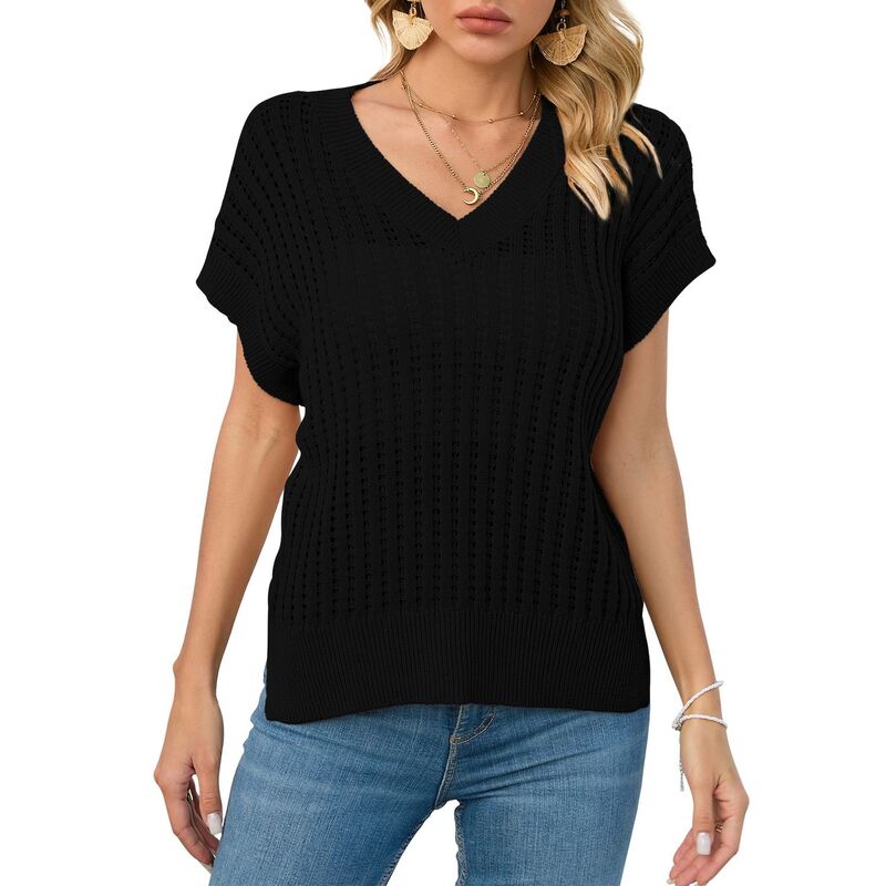 コジョイン レディース トップス Tシャツ Vネック ベスト セーター キャップ ニット Kojooin Womens V Neck Summer Pullover Sweater Vests Cap Sleeve Casualoose Fit Lightweight Knit Vestops Black ブラック|ReVida 店