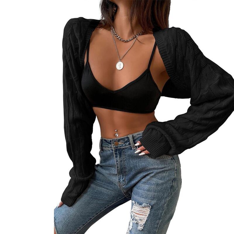 ミスキー レディース アウター ニット・セーター ドロップショルダー カーディガン MISSKY Womens Long Sleeve Open Front Crop Cardigan Sweater Drop Shoulder Shrugs Knit Bolero Sweaters Tops Black ブラック｜ReVida 店