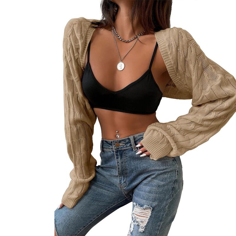 ミスキー レディース アウター ニット・セーター ドロップショルダー カーディガン MISSKY Womens Long Sleeve Open Front Crop Cardigan Sweater Drop Shoulder Shrugs Knit Bolero Sweaters Tops Khaki Almond カーキ｜ReVida 店