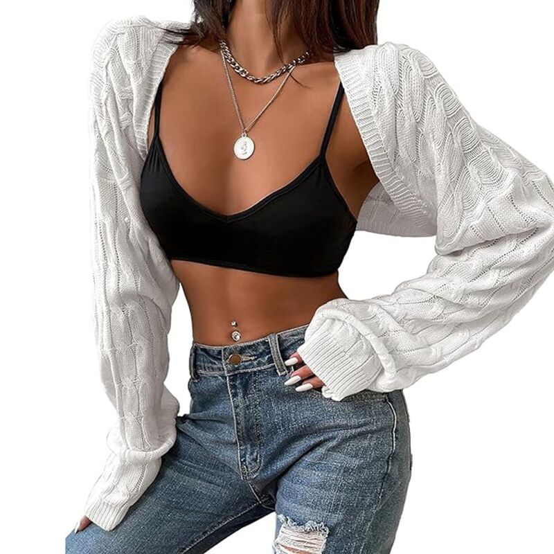 ミスキー レディース アウター ニット・セーター ドロップショルダー カーディガン MISSKY Womens Long Sleeve Open Front Crop Cardigan Sweater Drop Shoulder Shrugs Knit Bolero Sweaters Tops White ホワイト｜ReVida 店