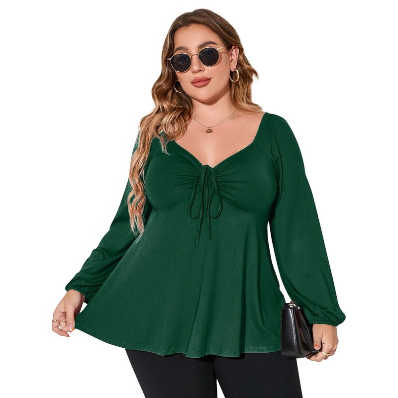 セオリア レディース トップス Tシャツ プラスサイズ Seoria Plusize Women's Long Sleeve Tie Front Babydoll Shirt Dark Green グリーン｜ReVida 店