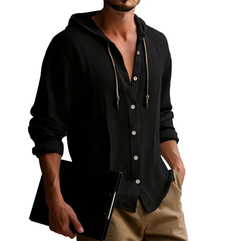 エリートスピリット レディース トップス Tシャツ ダウン EliteSpirit Men's Hooded Button-Down Shirt - Lightweight Wrinkled Texture Long Sleeve Casual Tunic Top Black ブラック｜ReVida 店
