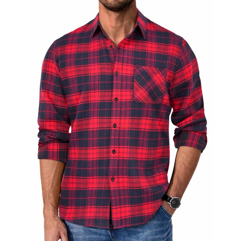 クーファンディ レディース トップス Tシャツ ボタンダウン コットン ダウン COOFANDY Mens Flannel Shirts Long Sleeve Cotton Shirt Fall Casual Button Down Shirt Plaid Red Black ブラック｜ReVida 店