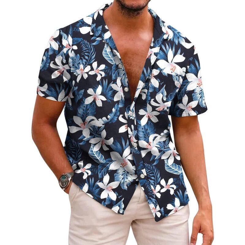 クーファンディ レディース トップス Tシャツ ボタンダウン COOFANDY Mens Hawaiian Shirtshort Sleeve Casual Button Down Tropical Beach Shirt Sea Blue ブルー｜ReVida 店