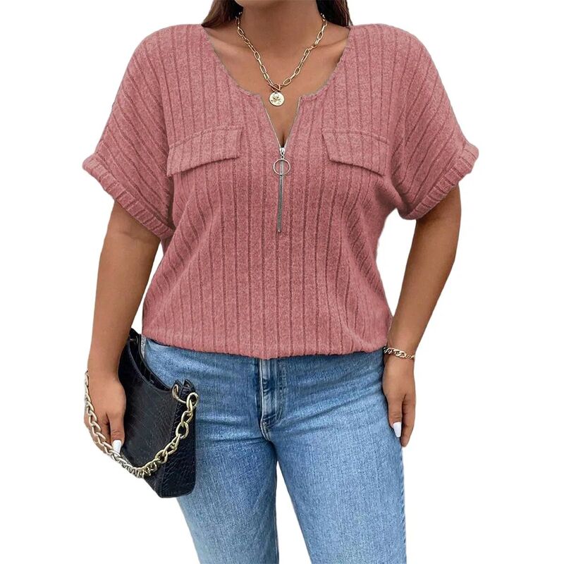 エリートスピリット レディース トップス シャツ Vネック リブ EliteSpirit-Shirts for Women V Neck Zipper Fake Pocket Oversized Ladies Ribbed Short Sleeve Tunic Top Light Pink ピンク|ReVida 店