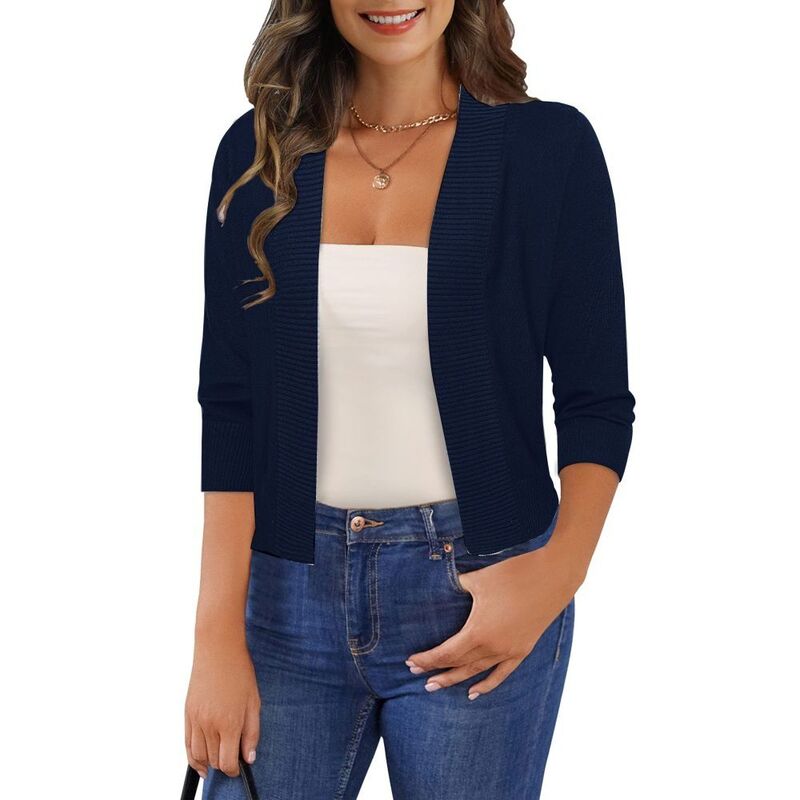 イエスファッション レディース アウター ニット・セーター リラックスフィット リブ カーディガン クロップド Yesfashion Womens Cropped Cardigan Sweater Open Front 3/4 Sleeve Ribbed Trim Relaxed Fit for Casual Office Wear Dark Blue ブルー｜ReVida 店 8,865円