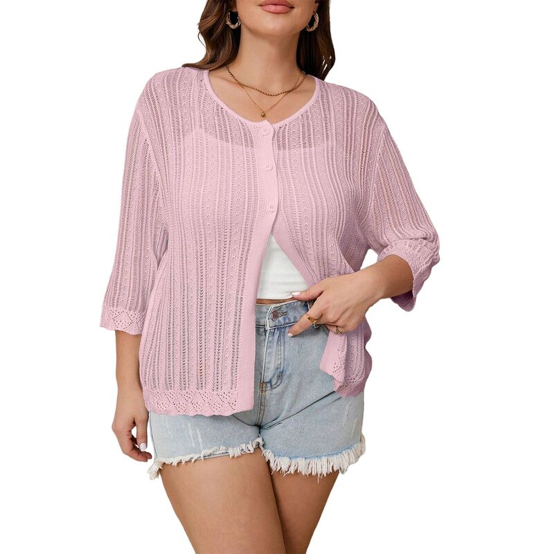 セオリア レディース アウター ニット・セーター カーディガン Seoria Women's Hollow Out Cardigan Long Sleeve Lightweight Casual Outerwear Pink Purple ピンク|ReVida 店
