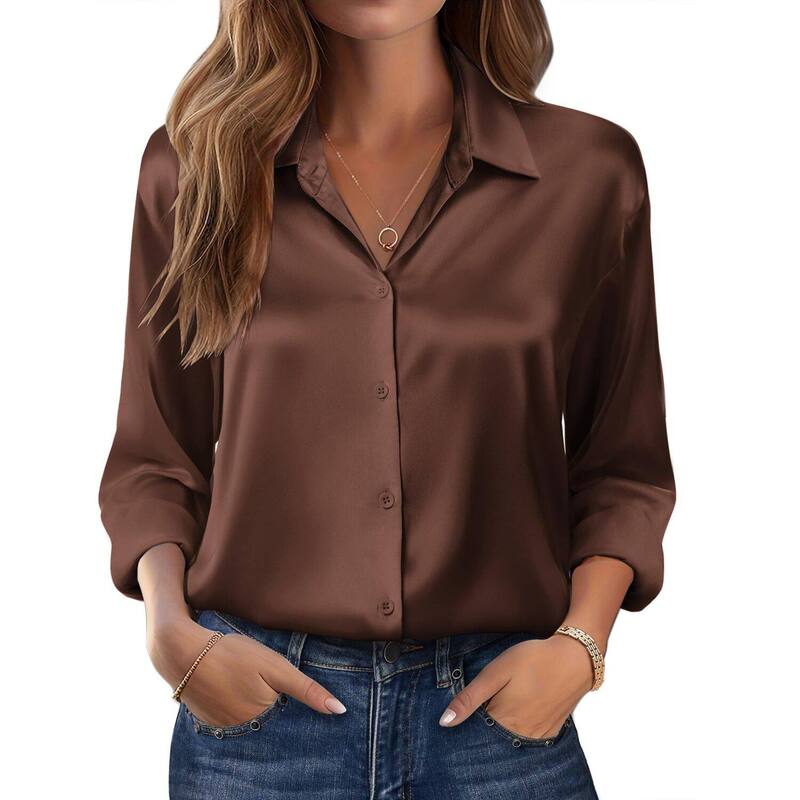 ジーグー レディース トップス プルオーバー 名取り草落ちこむ 繻子 絹地 落ちこむ Zeagoo Women s Dressy Casualong Sleeve Satin Silk Button Down Shirts Business Dressy Fall Tops Brown 赤銅色