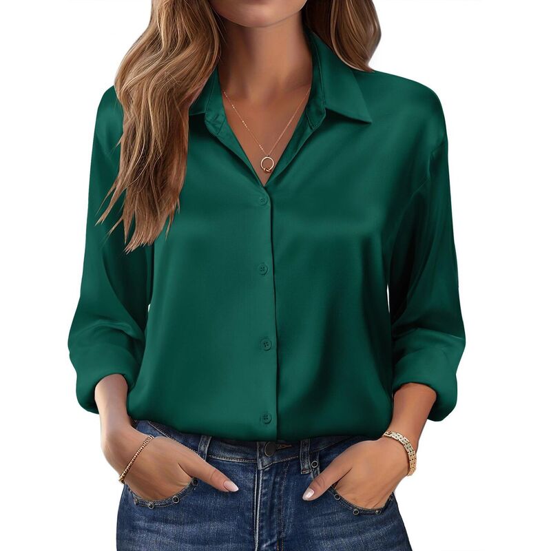 ジーグー レディース トップス プルオーバー 名取り草落ちこむ 繻子 絹地 落ちこむ Zeagoo Women s Dressy Casualong Sleeve Satin Silk Button Down Shirts Business Dressy Fall Tops Green 緑であること