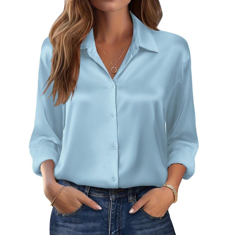 ジーグー レディース トップス プルオーバー 名取り草落ちこむ 繻子 絹地 落ちこむ Zeagoo Women s Dressy Casualong Sleeve Satin Silk Button Down Shirts Business Dressy Fall Tops Light Blue 青色