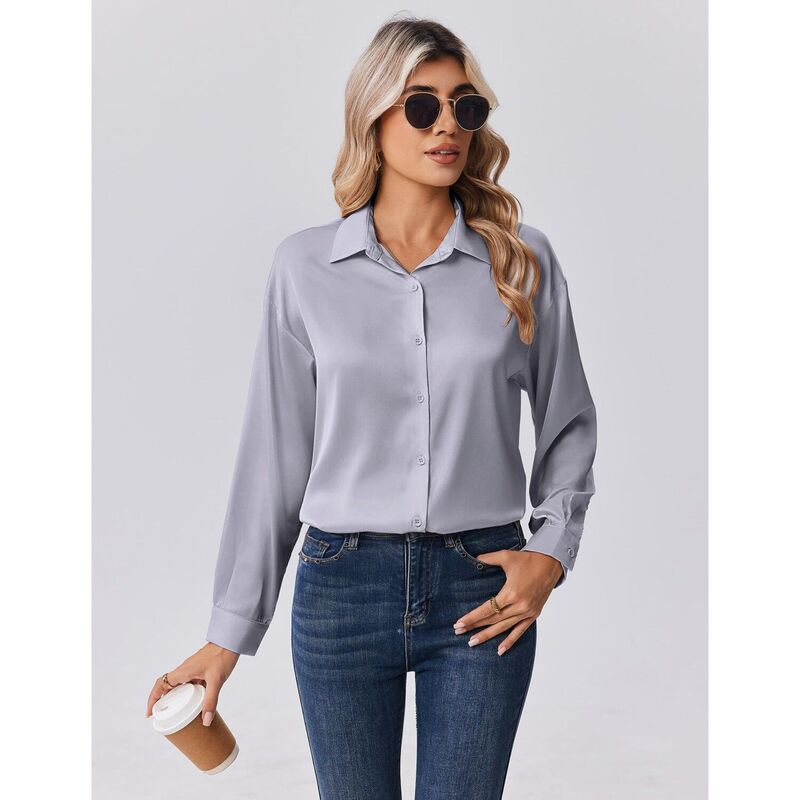 ジーグー レディース トップス プルオーバー 名取り草落ちこむ 繻子 絹地 落ちこむ Zeagoo Women s Dressy Casualong Sleeve Satin Silk Button Down Shirts Business Dressy Fall Tops Light Grey 薄墨色
