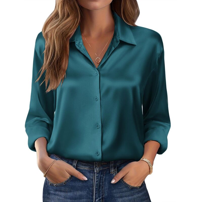 ジーグー レディース トップス プルオーバー 名取り草落ちこむ 繻子 絹地 落ちこむ Zeagoo Women s Dressy Casualong Sleeve Satin Silk Button Down Shirts Business Dressy Fall Tops Peacock Blue 青色