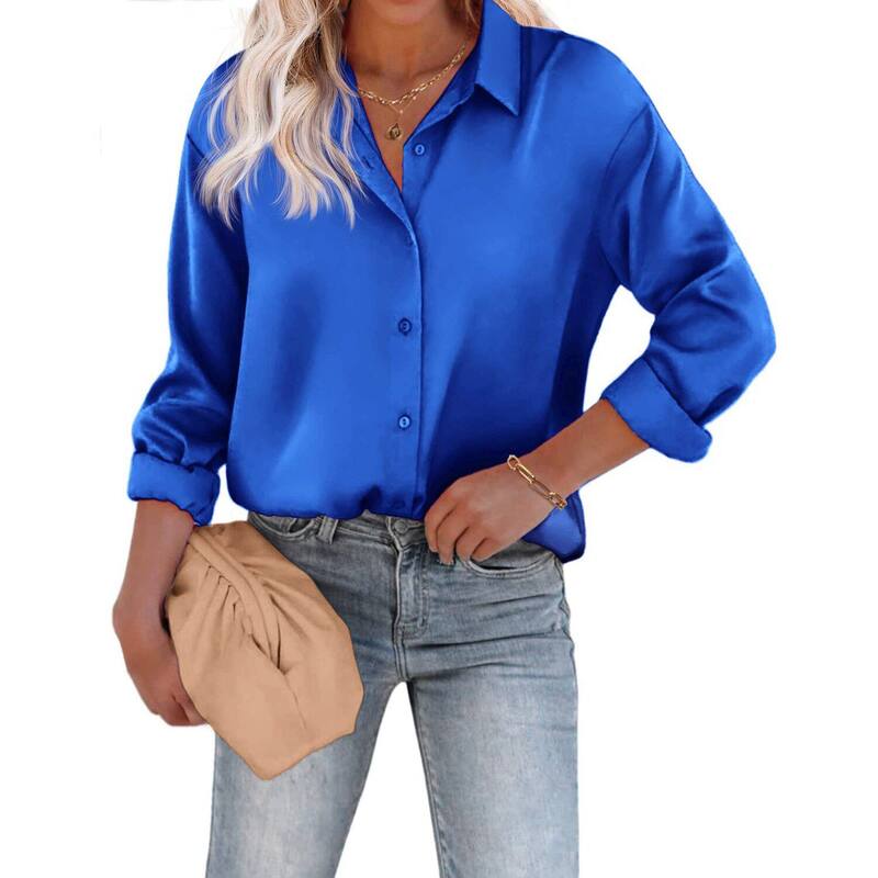ジーグー レディース トップス プルオーバー 名取り草落ちこむ 繻子 絹地 落ちこむ Zeagoo Women s Dressy Casualong Sleeve Satin Silk Button Down Shirts Business Dressy Fall Tops Royal Blue 青色