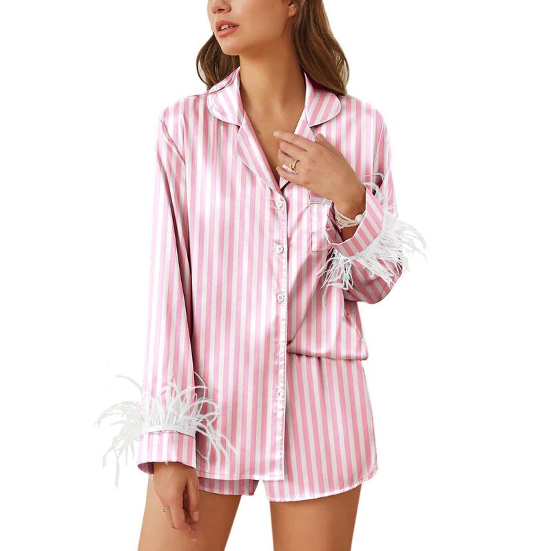 エコアー レディース アンダー御召しもの ナイト爵御召しもの 繻子 地絹 Ekouaer Bridal Feather Pajama Set Silk Satin Valentine ’ s Day Wedding PJ Set Long Sleeve Pink White Stripe 白いこと