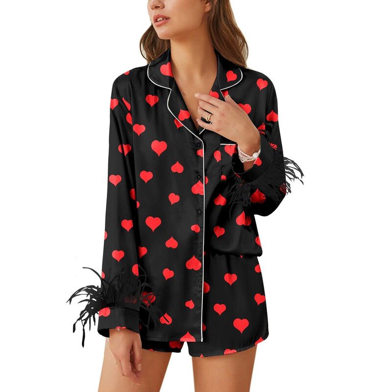 エコアー レディース アンダー御召しもの ナイト爵御召しもの 繻子 地絹 Ekouaer Bridal Feather Pajama Set Silk Satin Valentine ’ s Day Wedding PJ Set Long Sleeve Red Black Wine 黒いこと