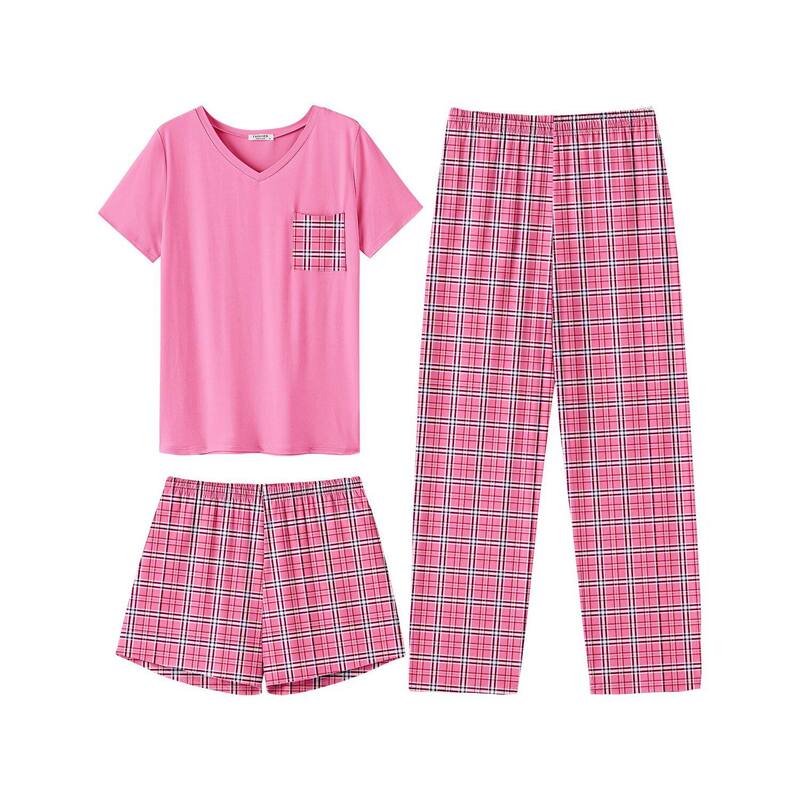 エコアー レディース アンダー御召しもの ナイト爵御召しもの ズボン下 遊撃手ズボン下 Ekouaer Women\u0027s 3 Pc Pajama Set Short Sleeve Sleepwear Pj Setop and Shorts Pants Pjs with Pockets Pink Black Plaid 黒いこと