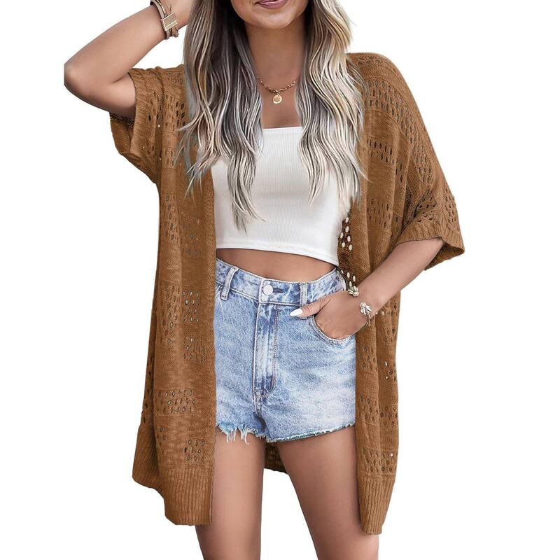 ジーグー レディース アウター ニット・セーター カーディガン Zeagoo Women's Lightweight Crochet Knit Cardigan Boho Short Sleeve Open Front Oversized Tops Dark Brown ブラウン|ReVida 店