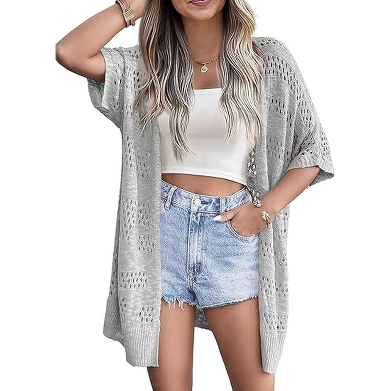 ジーグー レディース アウター ニット・セーター カーディガン Zeagoo Women's Lightweight Crochet Knit Cardigan Boho Short Sleeve Open Front Oversized Tops Grey グレー｜ReVida 店