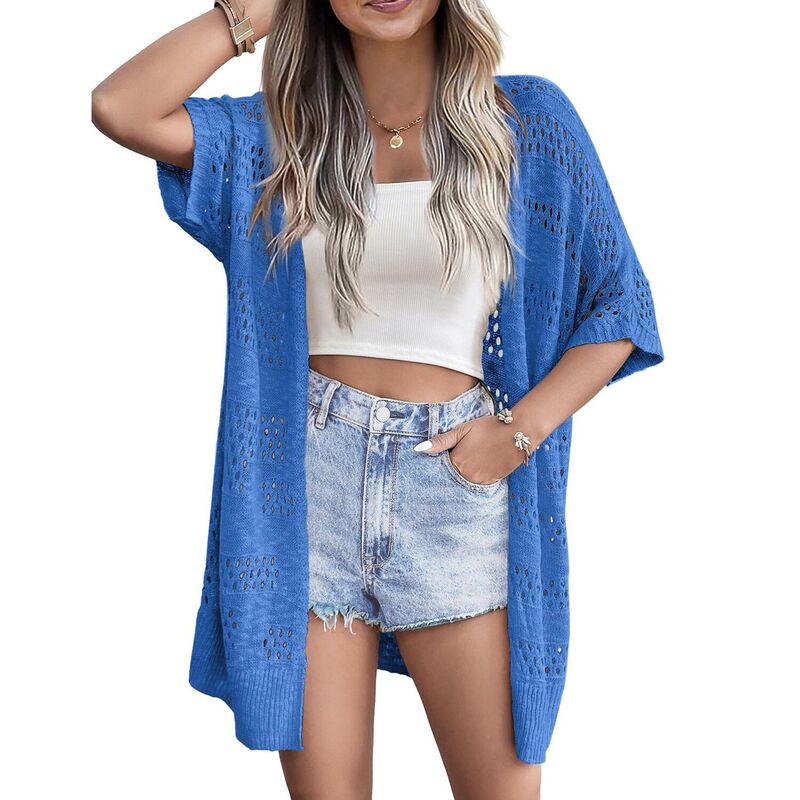 ジーグー レディース アウター ニット・セーター カーディガン Zeagoo Women's Lightweight Crochet Knit Cardigan Boho Short Sleeve Open Front Oversized Tops Royal Blue ブルー｜ReVida 店 9,436円
