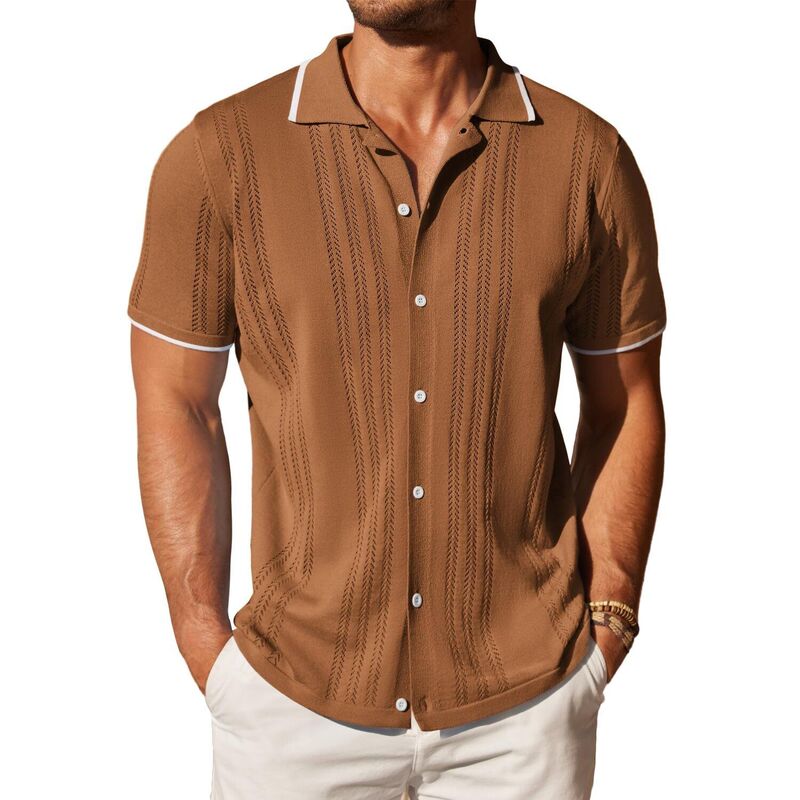 クーファンディ レディース トップス プルオーバー 名取り草落ちこむ スポーツシャツ 落ちこむ 編み物 COOFANDY Men\u0027 Knitted Button Down Polo Shirt Classic Short Sleeve Shirts Casual Beach Shirts Brown 赤銅色