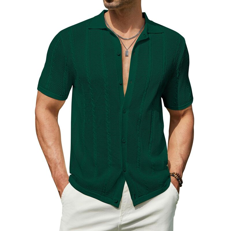 クーファンディ レディース トップス プルオーバー 名取り草落ちこむ 編み物 COOFANDY Men\u0027summer Button Down Shirt Short Sleeve Knitted Crochet Beach Shirt Green 緑であること
