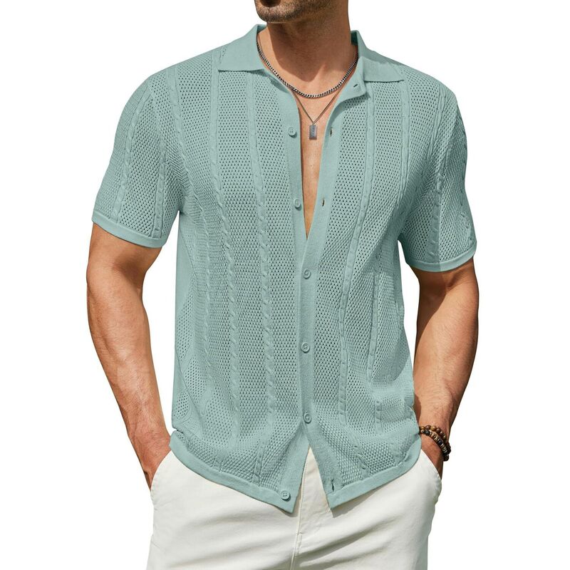 クーファンディ レディース トップス プルオーバー 名取り草落ちこむ 編み物 COOFANDY Men\u0027summer Button Down Shirt Short Sleeve Knitted Crochet Beach Shirt Ice Green 緑であること