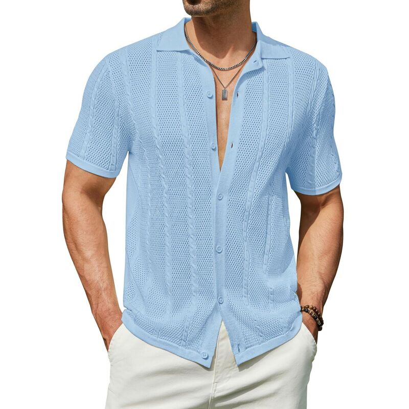クーファンディ レディース トップス プルオーバー 名取り草落ちこむ 編み物 COOFANDY Men\u0027summer Button Down Shirt Short Sleeve Knitted Crochet Beach Shirt Light Blue 青色