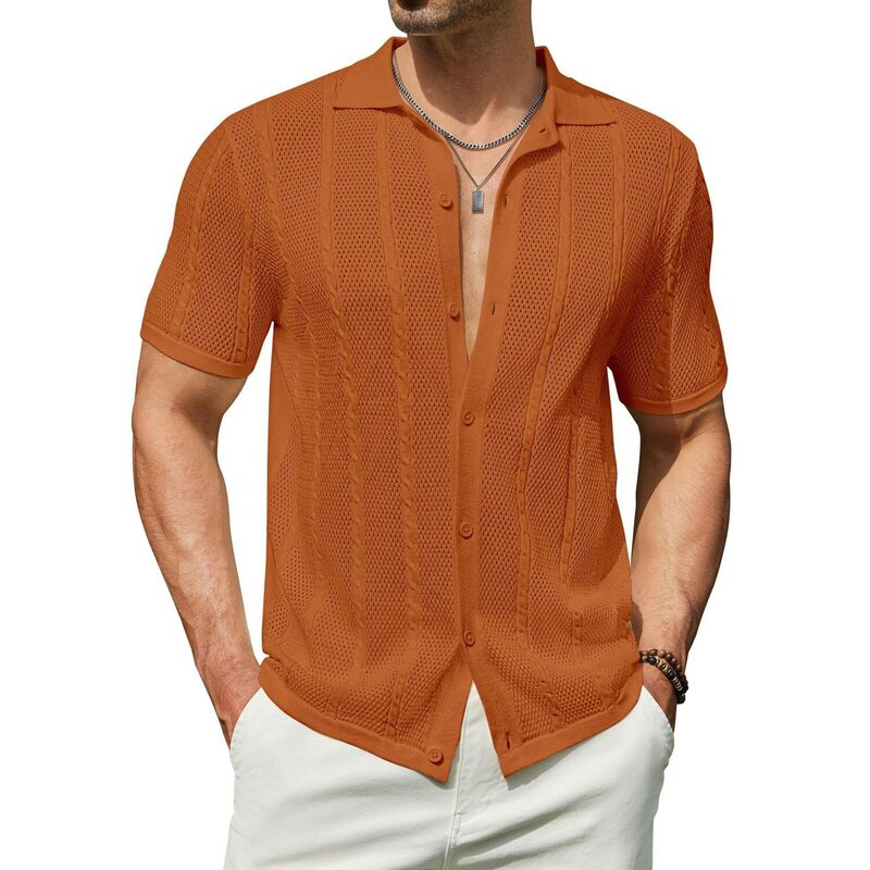 クーファンディ レディース トップス プルオーバー 名取り草落ちこむ 編み物 COOFANDY Men\u0027summer Button Down Shirt Short Sleeve Knitted Crochet Beach Shirt Light Brown 赤銅色