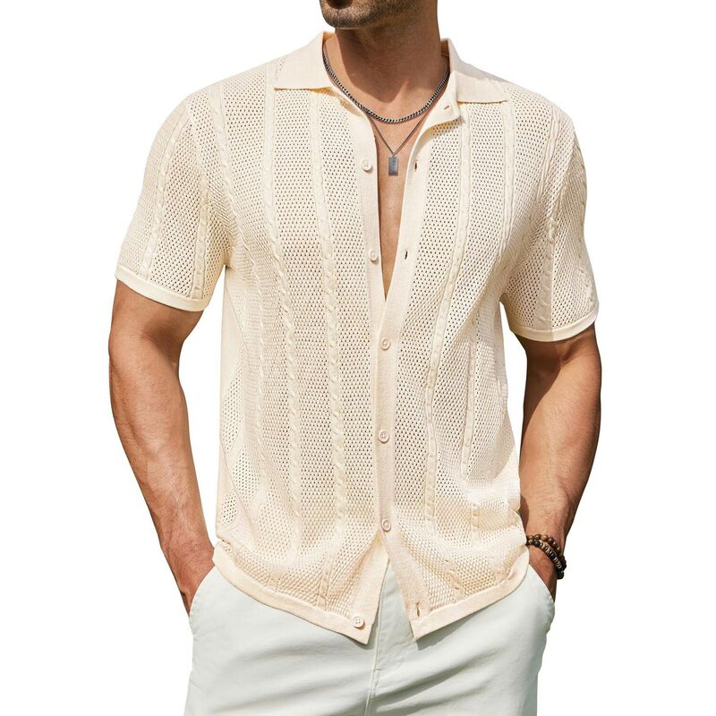 クーファンディ レディース トップス プルオーバー 名取り草落ちこむ 編み物 COOFANDY Men\u0027summer Button Down Shirt Short Sleeve Knitted Crochet Beach Shirt Light Khaki カーキ