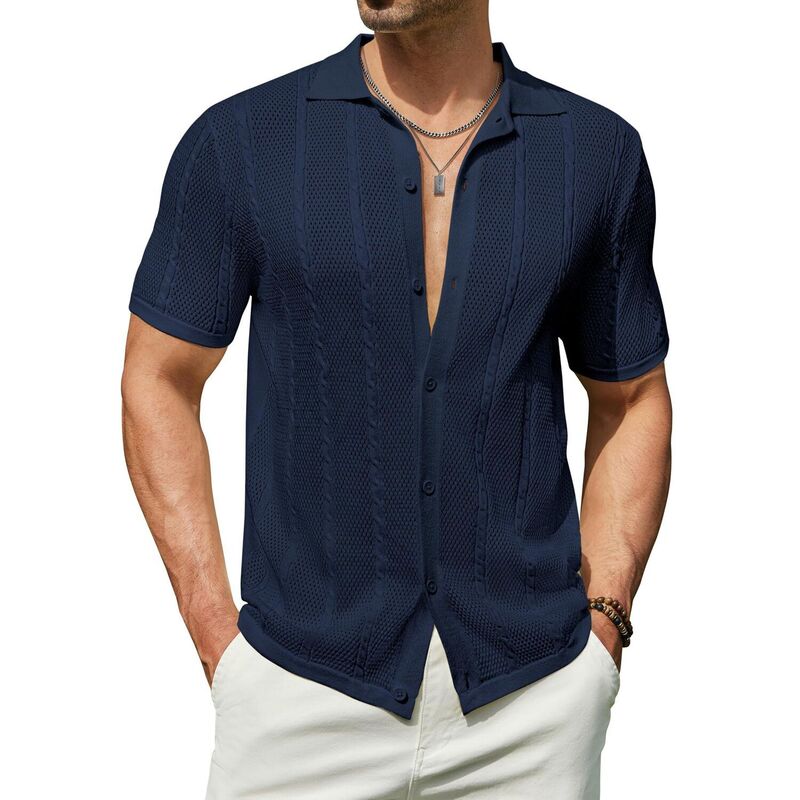 クーファンディ レディース トップス プルオーバー 名取り草落ちこむ 編み物 COOFANDY Men\u0027summer Button Down Shirt Short Sleeve Knitted Crochet Beach Shirt Navy Blue 米国海軍