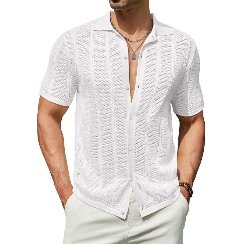 クーファンディ レディース トップス プルオーバー 名取り草落ちこむ 編み物 COOFANDY Men\u0027summer Button Down Shirt Short Sleeve Knitted Crochet Beach Shirt White 白いこと