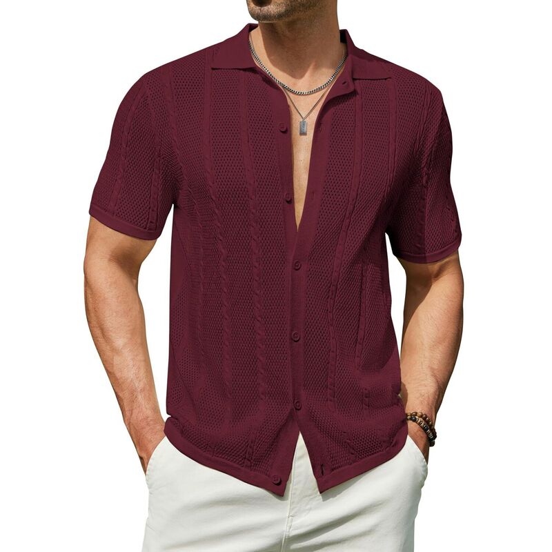 クーファンディ レディース トップス プルオーバー 名取り草落ちこむ 編み物 COOFANDY Men\u0027summer Button Down Shirt Short Sleeve Knitted Crochet Beach Shirt Wine Red 赤いこと