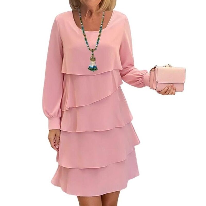 クリアラブ レディース トップス 衣装 MIDI Clearlove Round Neck Long Sleeve Layeredress for Women Loose Fit Solid Color Midi Dresses Pink サクラ色