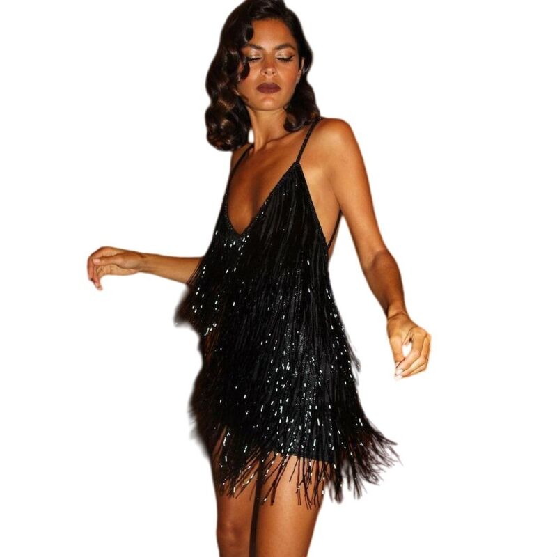 救い主流行り物 レディース トップス ワンピースパンコール Yesfashion Women Tassel Sequin Strap Elegant Evening Prom Party Club Dress Black 黒いこと