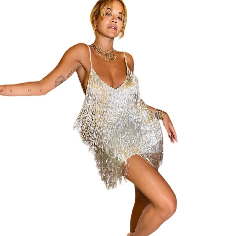 救い主流行り物 レディース トップス ワンピースパンコール Yesfashion Women Tassel Sequin Strap Elegant Evening Prom Party Club Dressilver しろがね色