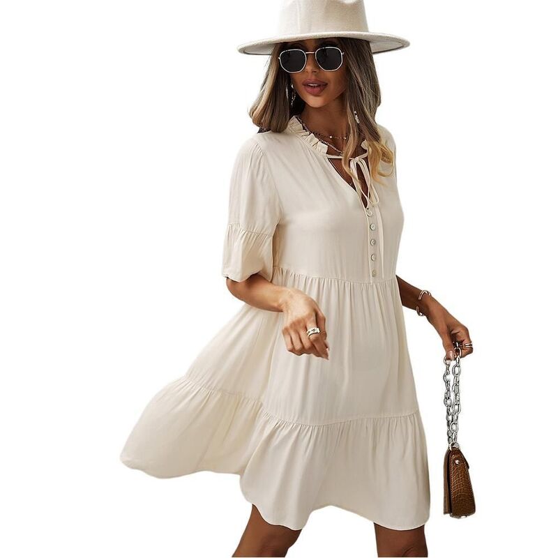 クリアラブ レディース トップス 衣装 Vのど首 MIDI Clearlove Womensummer Dress Flutter Short Sleeve Smock Midi Dress V Neck Sundress Gathered Hem Beach Dress Apricot 杏