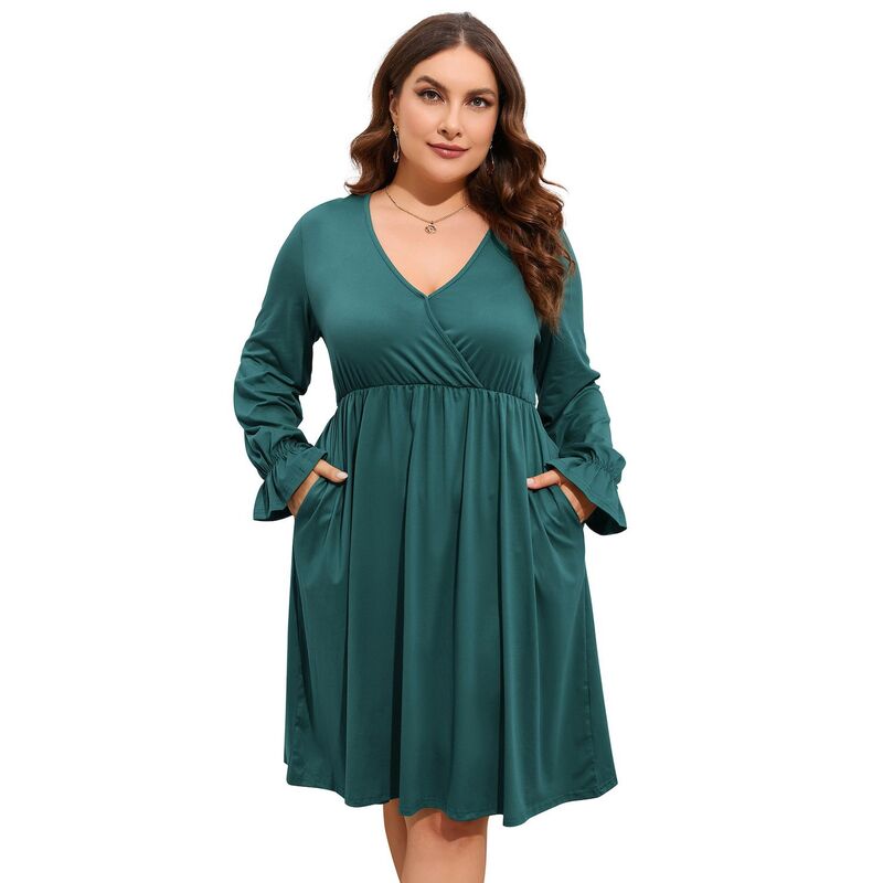 コジョイン レディース トップス ワンピース Vネック A ライン ひざ丈 プラスサイズ ミニ Kojooin Women's V Neck A-Line Knee Length Wrap Swing Dresses A Line Party Plusize Mini Dress Dark Green グリーン｜ReVida 店 9,086円