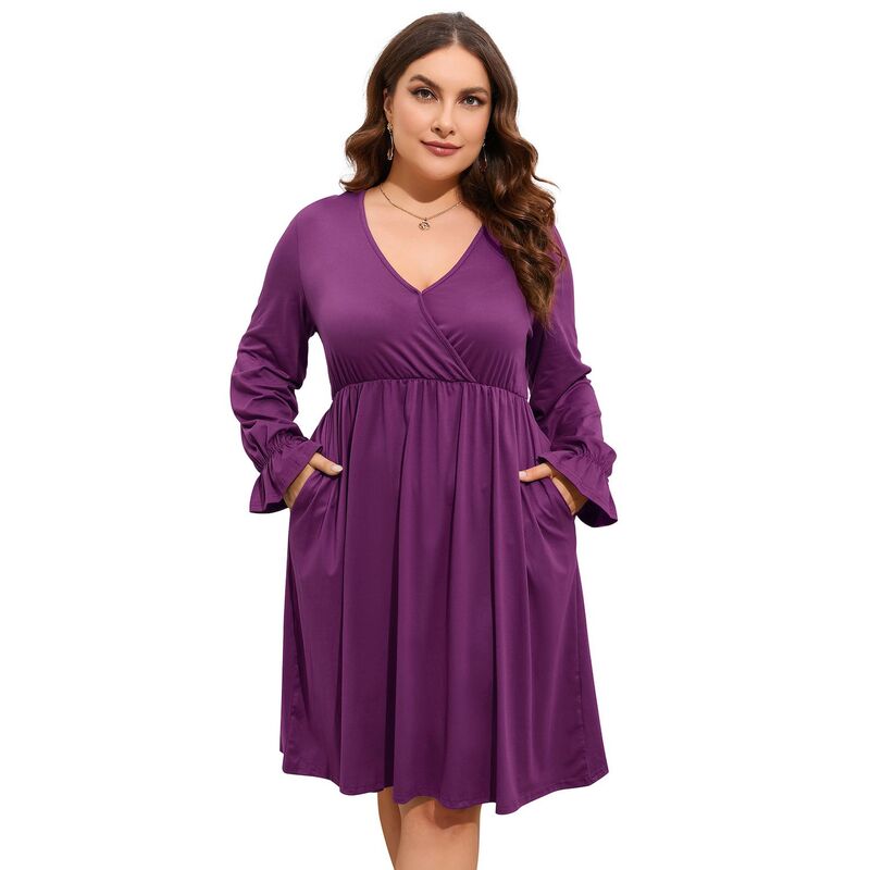 コジョイン レディース トップス ワンピース Vネック A ライン ひざ丈 プラスサイズ ミニ Kojooin Women's V Neck A-Line Knee Length Wrap Swing Dresses A Line Party Plusize Mini Dress Deepurple パープル|ReVida 店