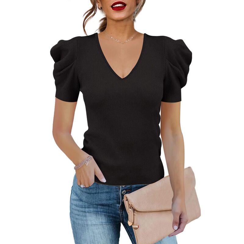 コジョイン レディース トップス シャツ スリムフィット Vネック リブ セーター ブラウス ニット Kojooin Women'short Sleeve Knit Pullover Sweaters V Neck Ribbed Solid Soft Slim Fit Sweater Blouse Tops Black ブラック｜ReVida 店
