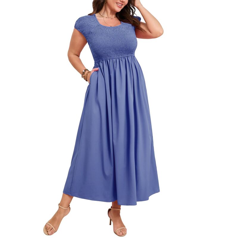 クリアフラワー レディース トップス ワンピース プラスサイズ シャーリング マタニティ マキシ ClearFlower Women's Plusize Maternity Maxi Dressummeround Neck Short Sleeve Smockedresses with Pockets Dusty Blue ブルー|ReVida 店