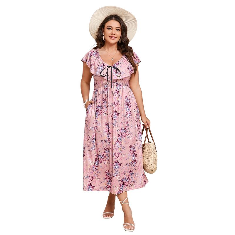 クリアフラワー レディース トップス ワンピース Vネック プラスサイズ ミディ ノースリーブ ClearFlower Women's Plusize Midi Dress Flutter V Neck Sleevelessummer Casual Wedding Party Formal Dresses Pink Floral ピンク|ReVida 店