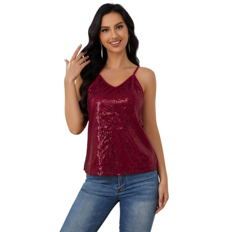 ボディサイズ レディース トップス Tシャツ Vネック スパンコール BODDYSIZE Women &rsquo; sequin Sparkly Disco Tank Top Concert Outfit Glitter Party V-Neck Cami Cmaisole Tank Top Wine Red レッド｜ReVida 店