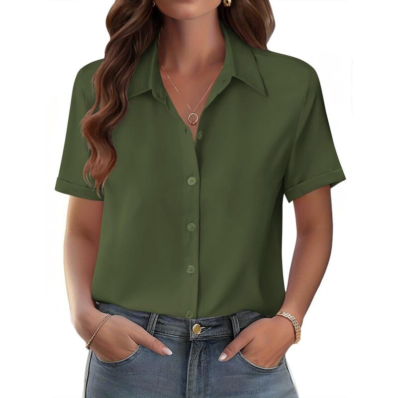 ジーグー レディース トップス プルオーバー トップ Zeagoo Shirts for Women Trendy Rolled Cuffed Short Sleeve Button Up Blouse Business Casual Tops Army Green 緑であること