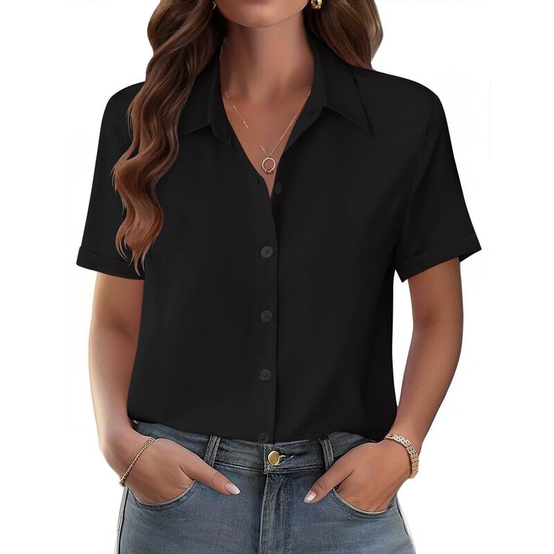 ジーグー レディース トップス プルオーバー トップ Zeagoo Shirts for Women Trendy Rolled Cuffed Short Sleeve Button Up Blouse Business Casual Tops Black 黒いこと