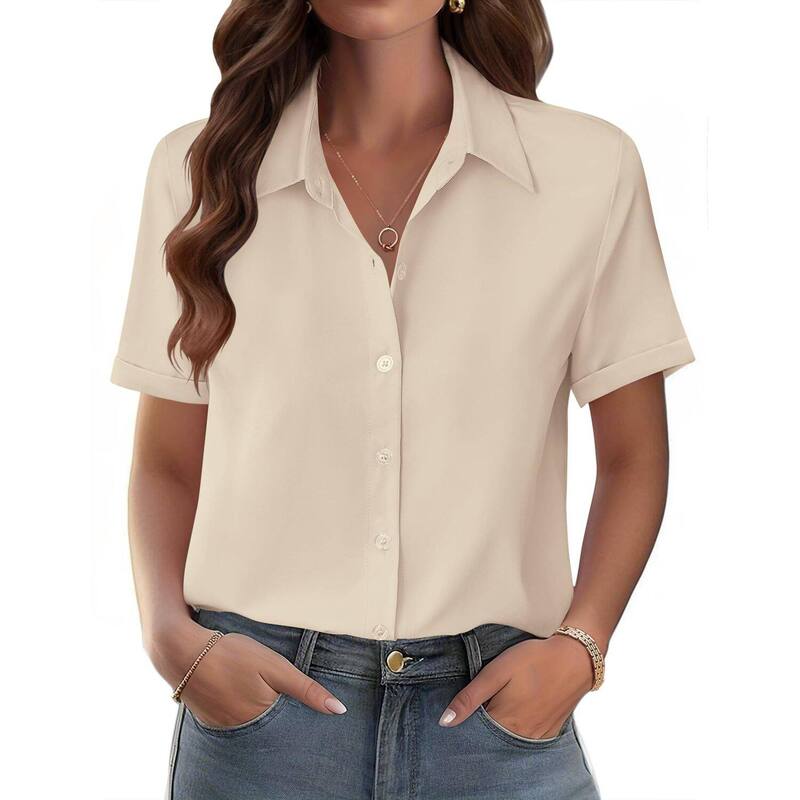 ジーグー レディース トップス プルオーバー トップ Zeagoo Shirts for Women Trendy Rolled Cuffed Short Sleeve Button Up Blouse Business Casual Tops Champagne 三鞭酒